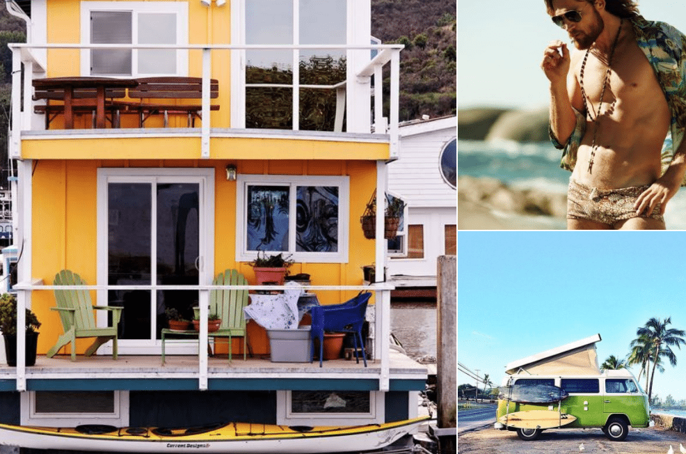 houseboat, man smoking joint and green VW van